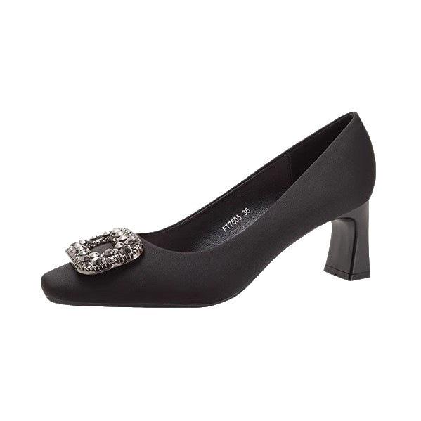 Xiaoxiangfeng with skirt high heels women's 2025 autumn new French rhinestone shoes temperament square head thick heel evening shoes