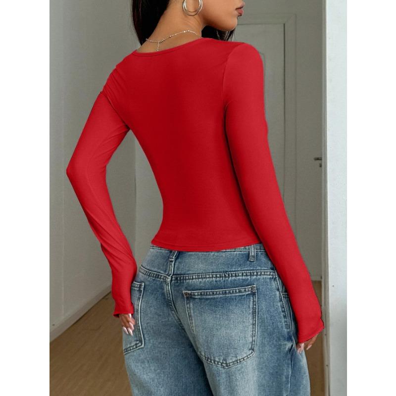 Spring Autumn Square Collar Solid Color Slim T-shirt Women Long Sleeve Y2K Elastic Bottomed Tee Pullover Top