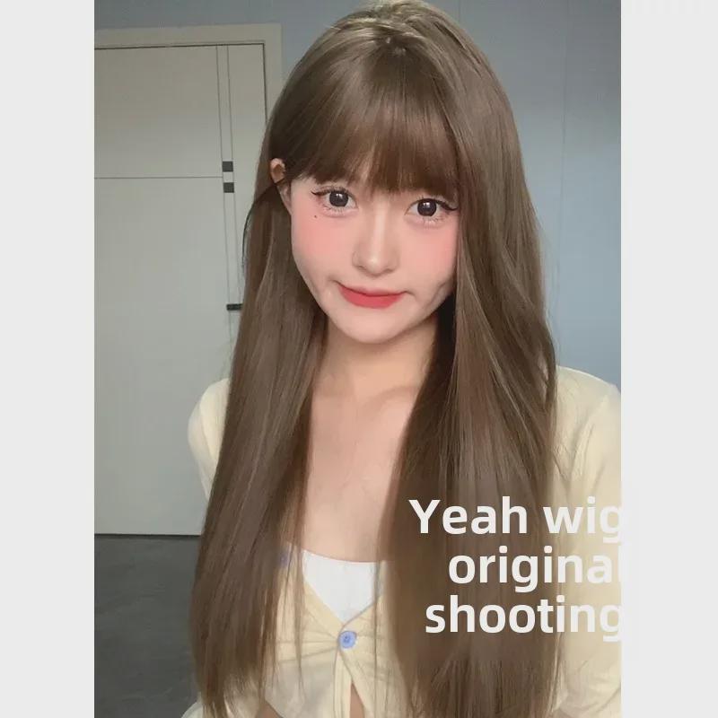 Natural Long Black Straight Wig with Air Bangs