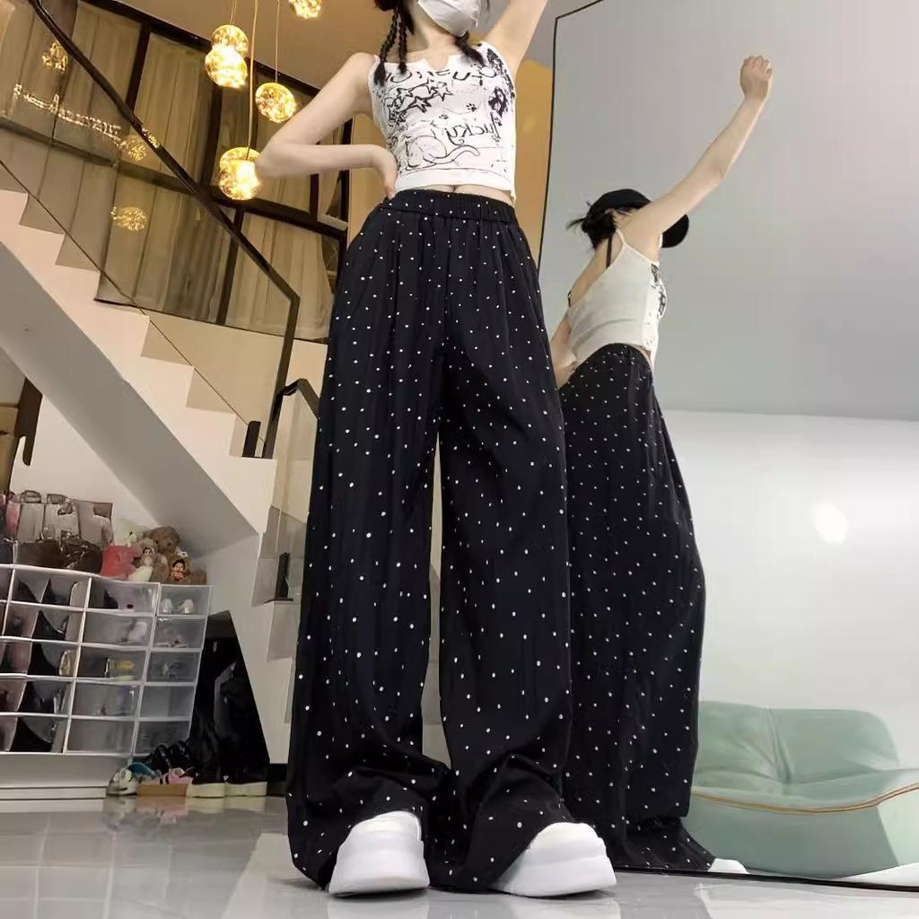 Polka Dot Wide-leg Pants for Women In Summer High Waist Straight-leg Casual Lazy Style Yamamoto Pants Small White Ice Silk Pants