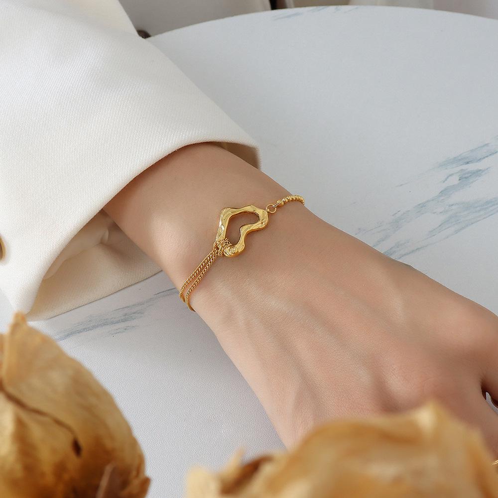 European-Style 18k Gold Plated Titanium Steel Double Layer Heart & Bead Bracelet for Women