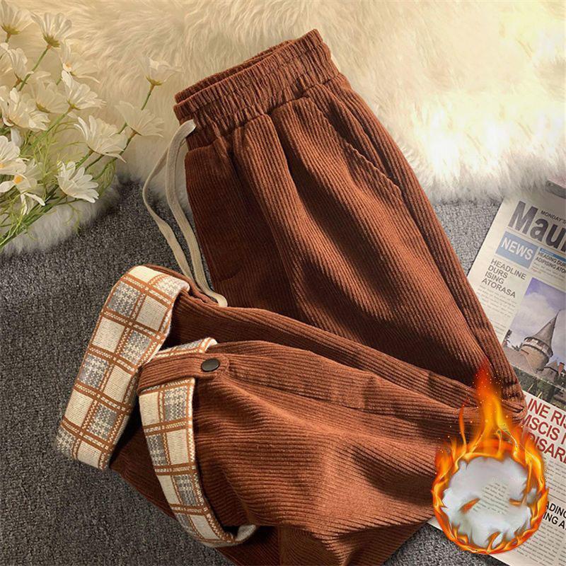 Winter Corduroy Plush Velvet Lined Ankle-length Pantalons Women Casual Big Size Straight Pants Baggy Thicken Warm Trouser