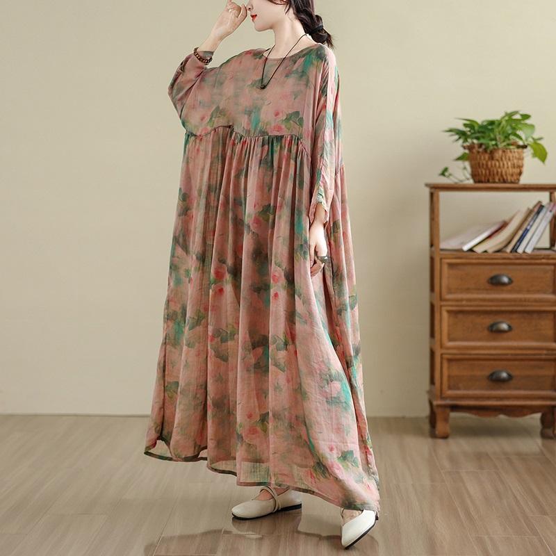 Plus Size Cotton Linen Vintage Floral New In Dresses for Women Casual Loose Long Spring Summer Autumn Dress