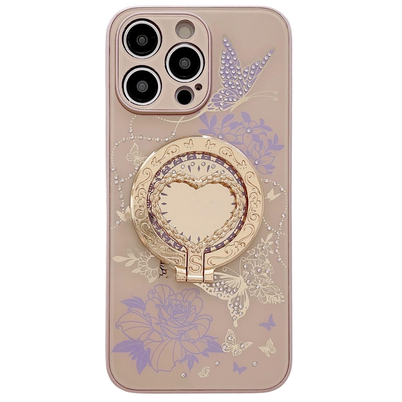 

For iPhone 15 Pro Max Magnetic Case Heart Shape Kickstand TPU+PC Phone Cover Flower Butterfly Pattern Brown/Purple