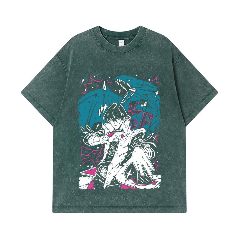 275 GSM Washed T-shirts 100% Cotton Yu-Gi-Oh V7 Seto Kaiba Print Unisex Heavy Cotton T Shirt
