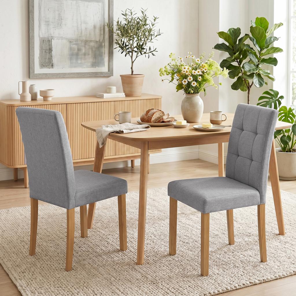 Dining Chairs, Set of 2, Linen-Effect Upholstered Seat, Light Grey