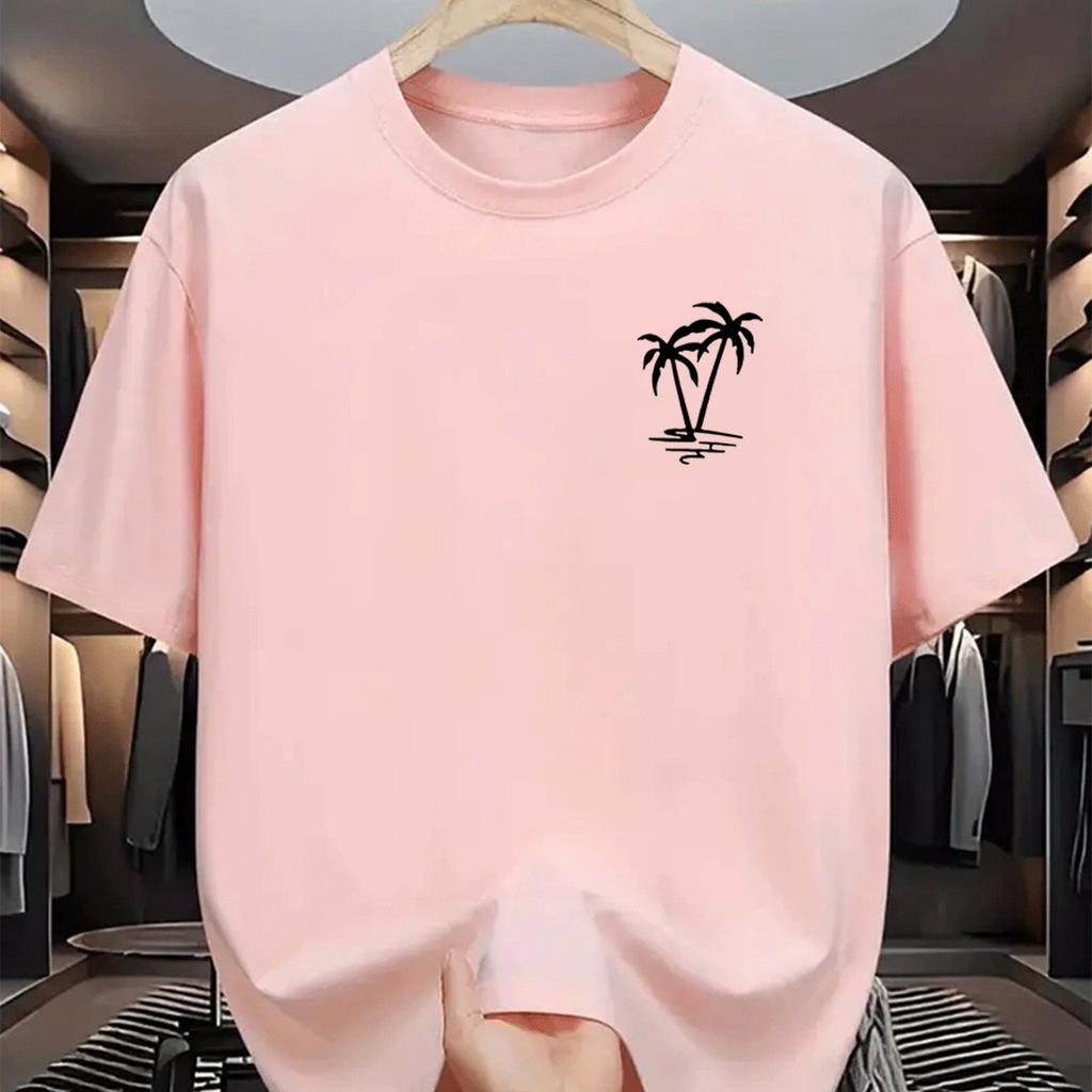 Men's summer 100% cotton fashionable casual loose coconut tree pattern printed sports round neck short sleeved T-shirt top