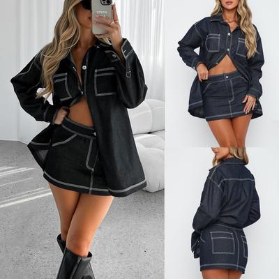 Vintage Denim 2-delige Sets Dames Minirokken Polokraag Lange Mouw Zakken Tops Heup Pakket Rok Dames Streetwear Lente Zomer 2025