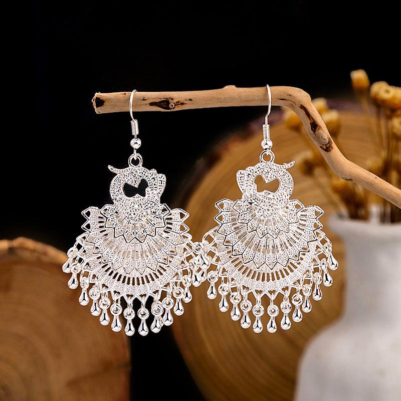 1Pair Peacock Earrings For Women Ethnic Earrings Pendientes Boho Bell Tassel Vintage Broncos Jewelry