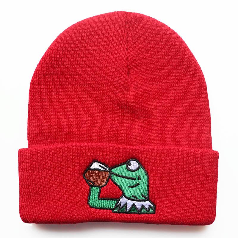 

Men s and women s autumn and winter hip-hop cartoon hat with Kermit the Frog embroidery knitted hat KERMIT frog Outdoor woolen hat Adjustable красный