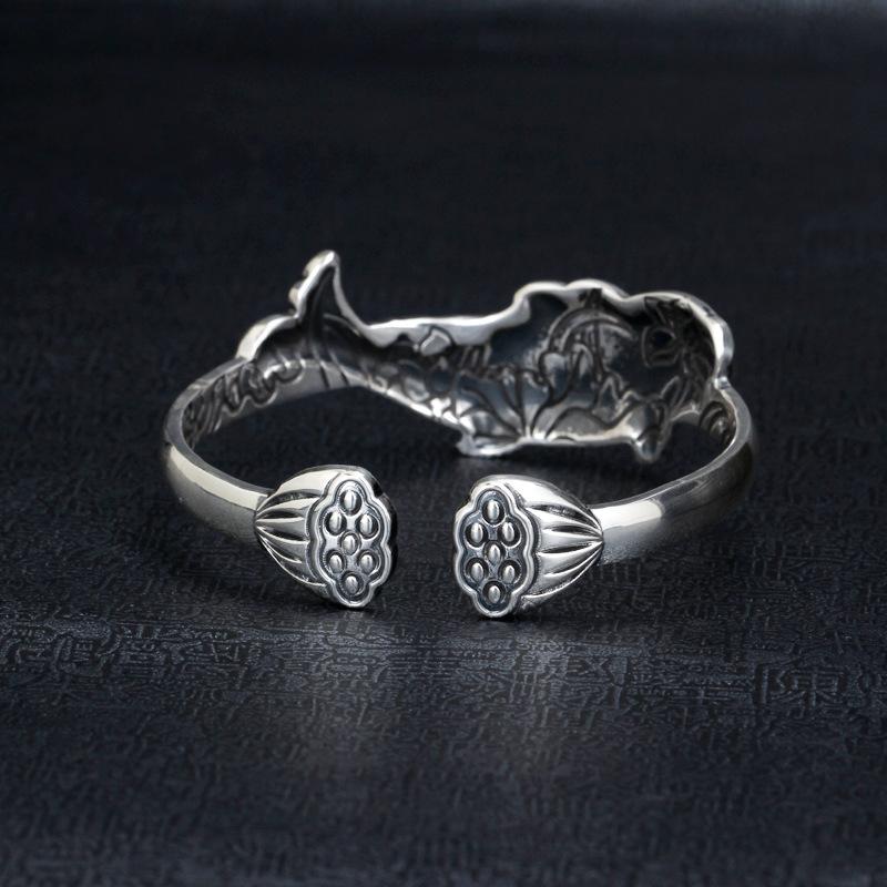 High End Bracelet Women's Lotus Fish Wide Edition Bracelet Retro Ethnic Style Open End Jewelry for Mom