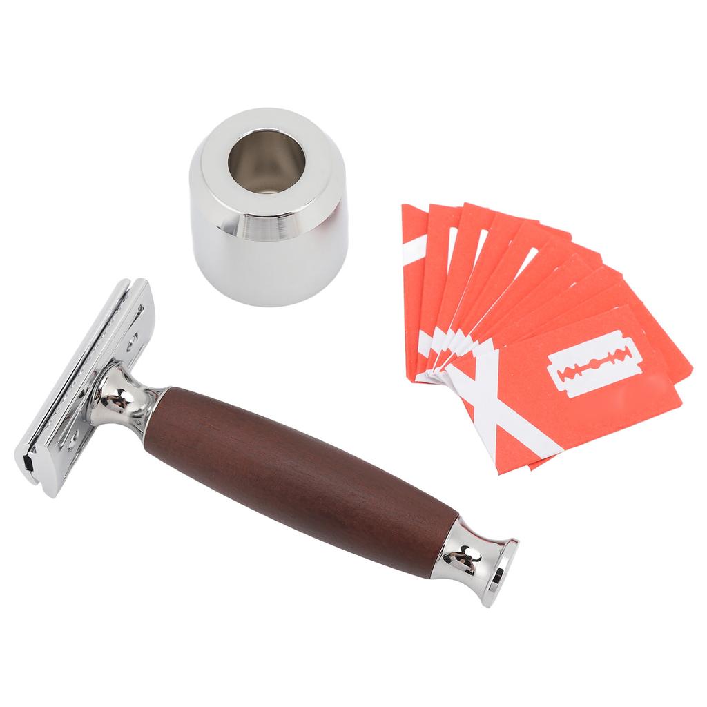 Double Edge Shaving Kit Alloy Non Slip Wooden Handle Safety Reusable Manual Shaving Kit with Stand