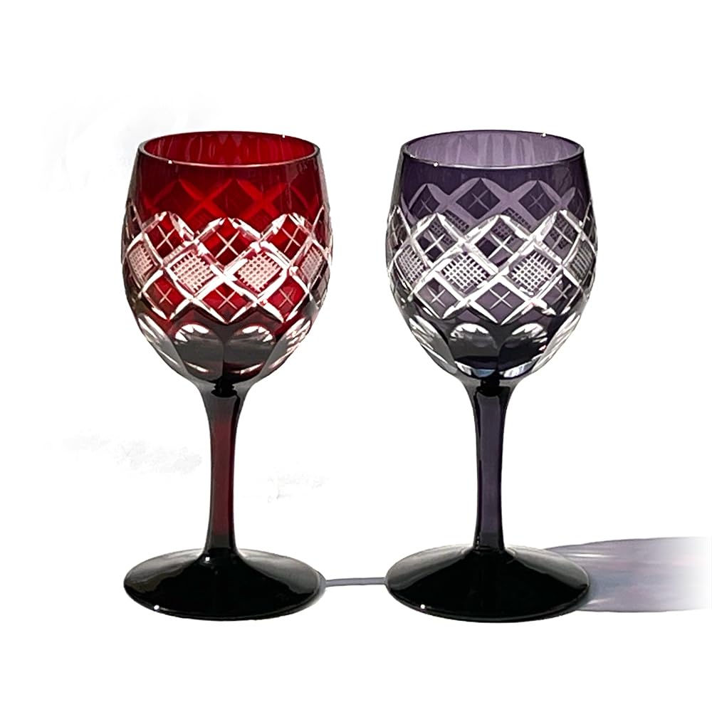 Official Direct Sales from Taiburo Edo Kiriko Yarai Nanko Crest Wine Glasses and Edo Wooden Made in Japan Studio (Red Purple) TB90408RM, Boxed,