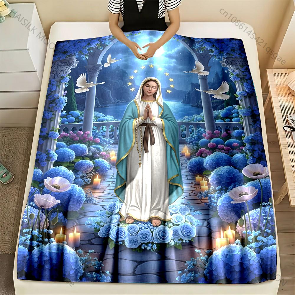 

1PC Prayer to Our Lady in the Blue Garden Print Blanket Warm Soft Fluffy Kids and Adult Sofa Bed Throw Blanket Travel Camping RV 75x90cm