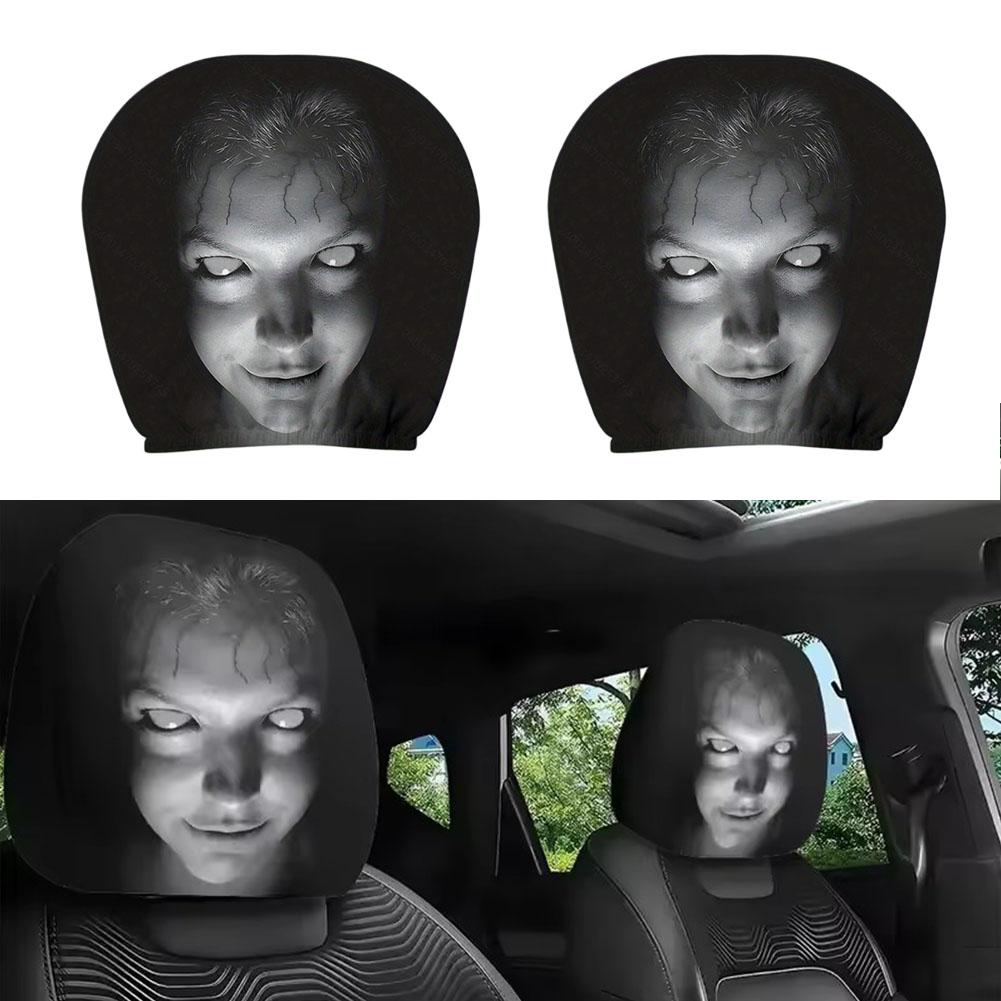 2Pcs Halloween Horror Face Printed Car Headrest Covers Soft Polyester Washable Universal Elastic Dustproof Protective Cushion