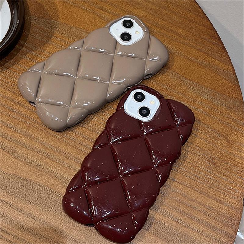 Korean Stylish 3d Diamond Lattice Plain Phone Case For Iphone 14 13 12 11 Pro Max Glossy Grid Shockproof Soft Back Cover Funda