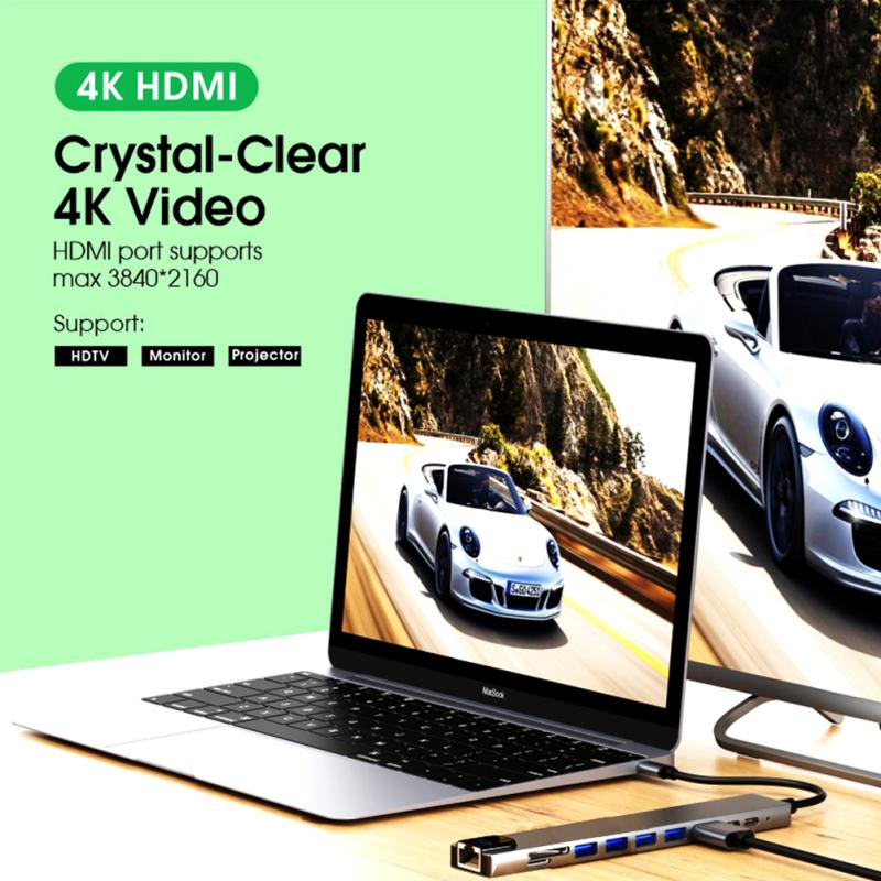 10v 1 USB C Hub adaptér, s Ethernetem kompatibilní s Hdmi 4k 100w napájení 4 porty USB-a