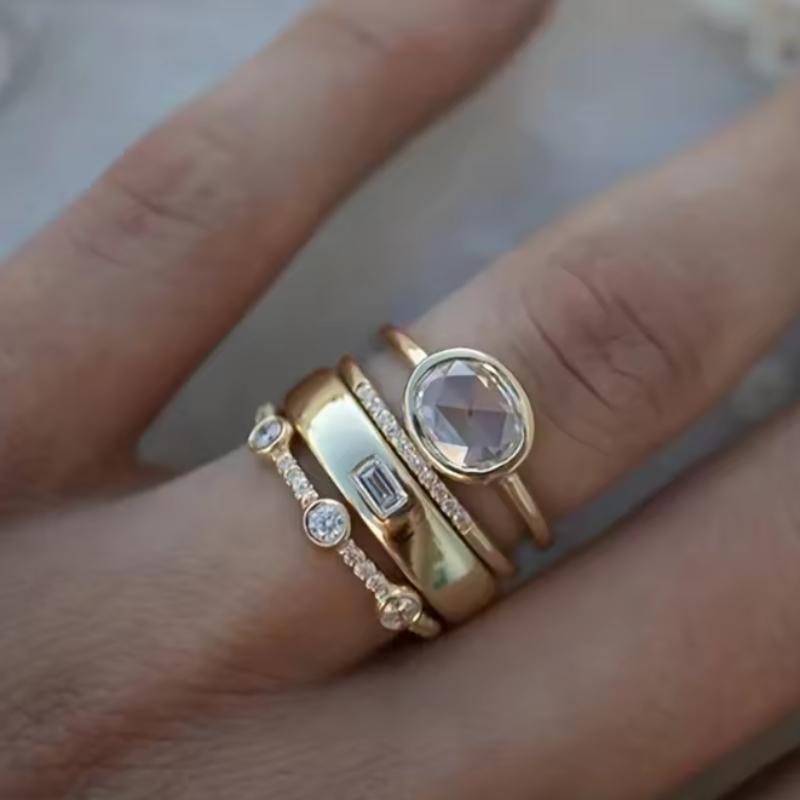 

Charming Gold Color Inlaid Zircon Round Ring Set, Women s Fashionable Party Luxurious Engagement Zircon Wedding Ring 6