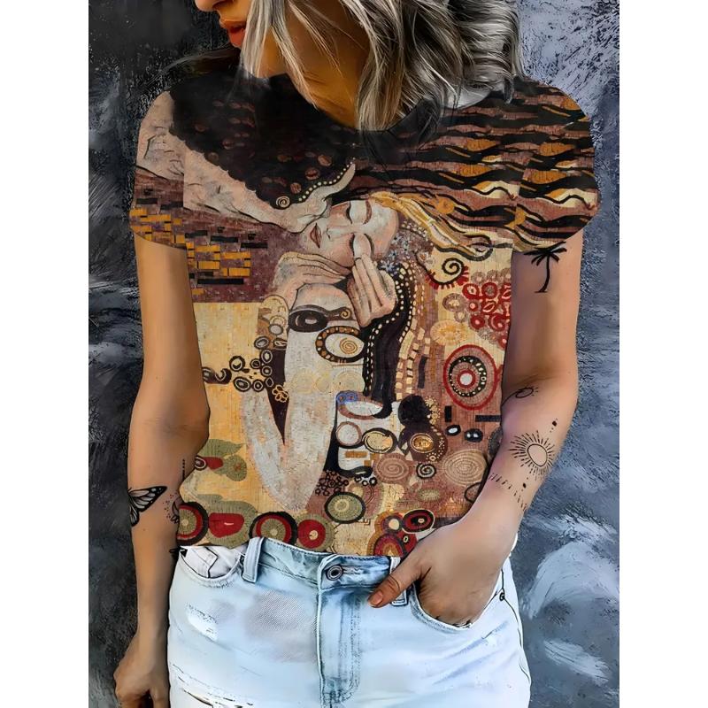 Fashion women's clothing simple short sleeves are short sleeves 3D color printing round neck T-shirt round neck short sleeves