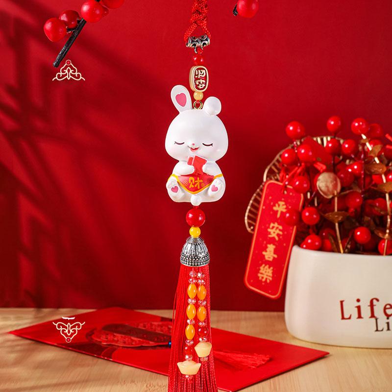 2024 New Year Rabbit Car Pendant Car Mirror Cute Rabbit Decoration Ornament Hanging Valentine's Day Gift Automotive Interior
