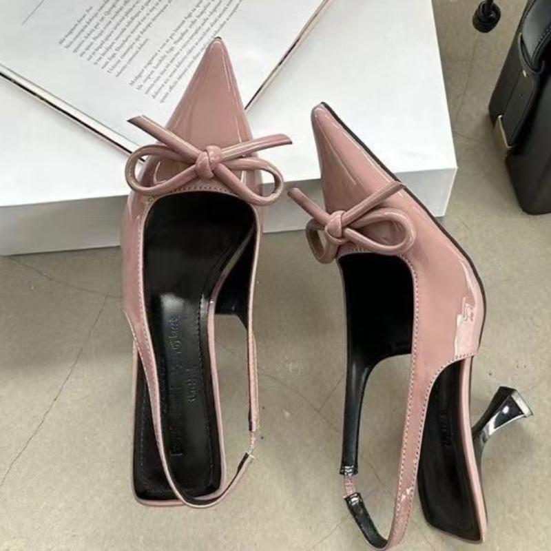 Patent Leather Stiletto Sandals Summer New Pointy Head Shallow Mouth Butterfly Knot Set Foot Anti-slip Wear-resistant High Heels