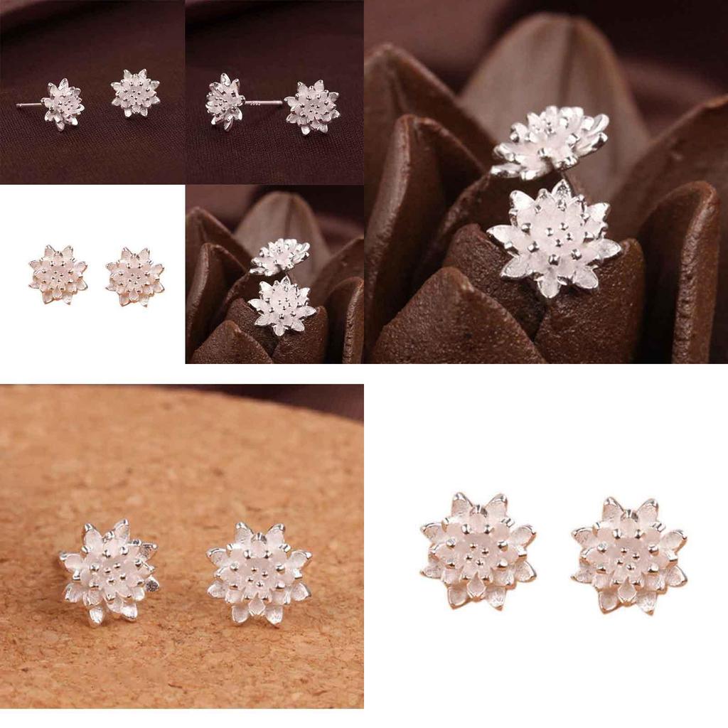 Delicate Women's Silver Plated Lotus Flower Ear Stud Earrings For Effortless Style
