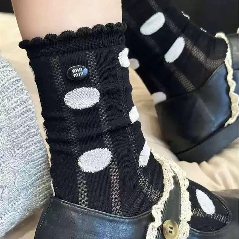 

Socks Black And White Gray Mesh Breathable Polka Dots Boneless Korean Hollow Button Summer Medium Tube Socks Cotton Socks One size fits all чорний