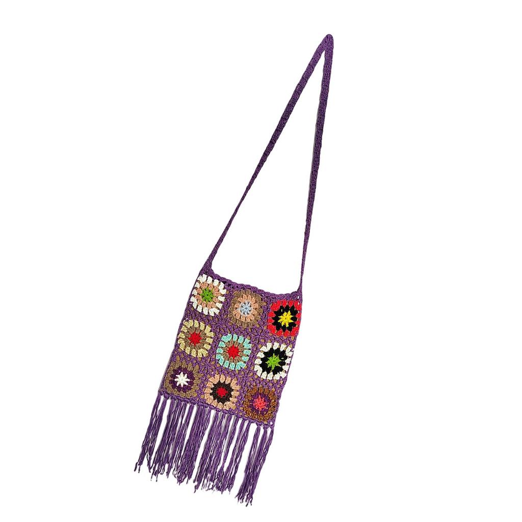 Crocheted Shoulder Tassel Bohemian Ethnic Style Tote for Beach Travel