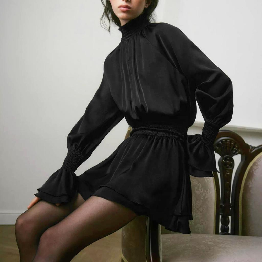 French Elegant Satin Dress 1116 Autumn Black High Neck Long Sleeve European and American Temperament A Word Short Skirt Women's Clothing