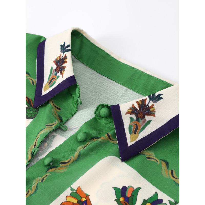 New Printed Lapel Dress Casual Peacock Flower Printed Mini Pleated Dress Women Long Lantern Sleeve Fashion Holiday Dresses Summer Loose Robe