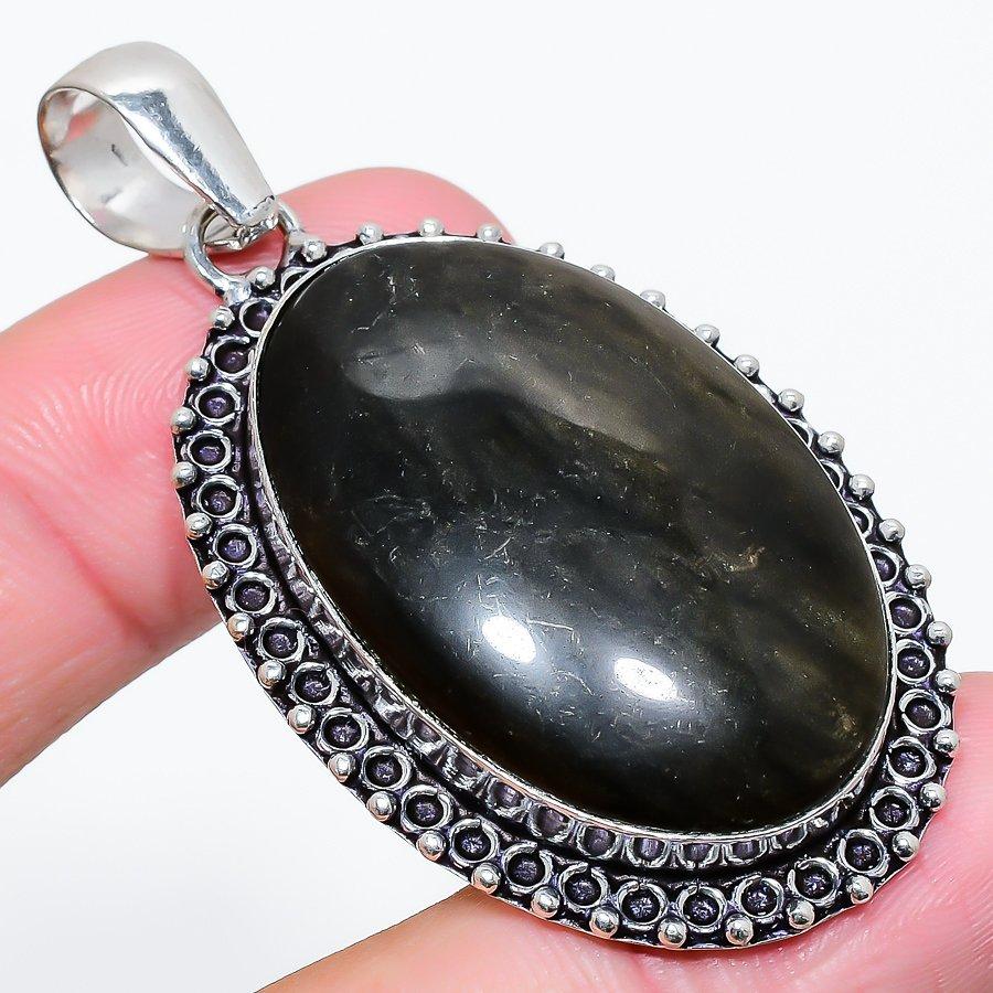 

Подвеска из стерлингового серебра 925 пробы с натуральным серебряным блеском обсидиана 2,36 дюйма S5s56