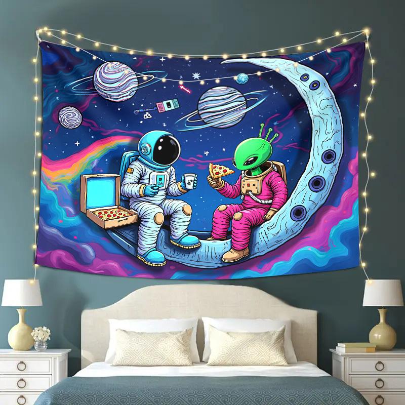 Astronaut Außerirdischer Wandteppich Kosmische Pizza-Party Psychedelische Weltraumkunst Polyester 5161 für Schlafzimmer oder Wohnheim