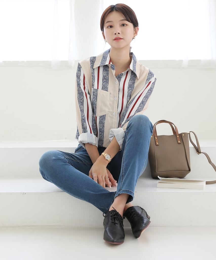Ppaeppae Collared Unique Color-Blocked Stripe Blouse