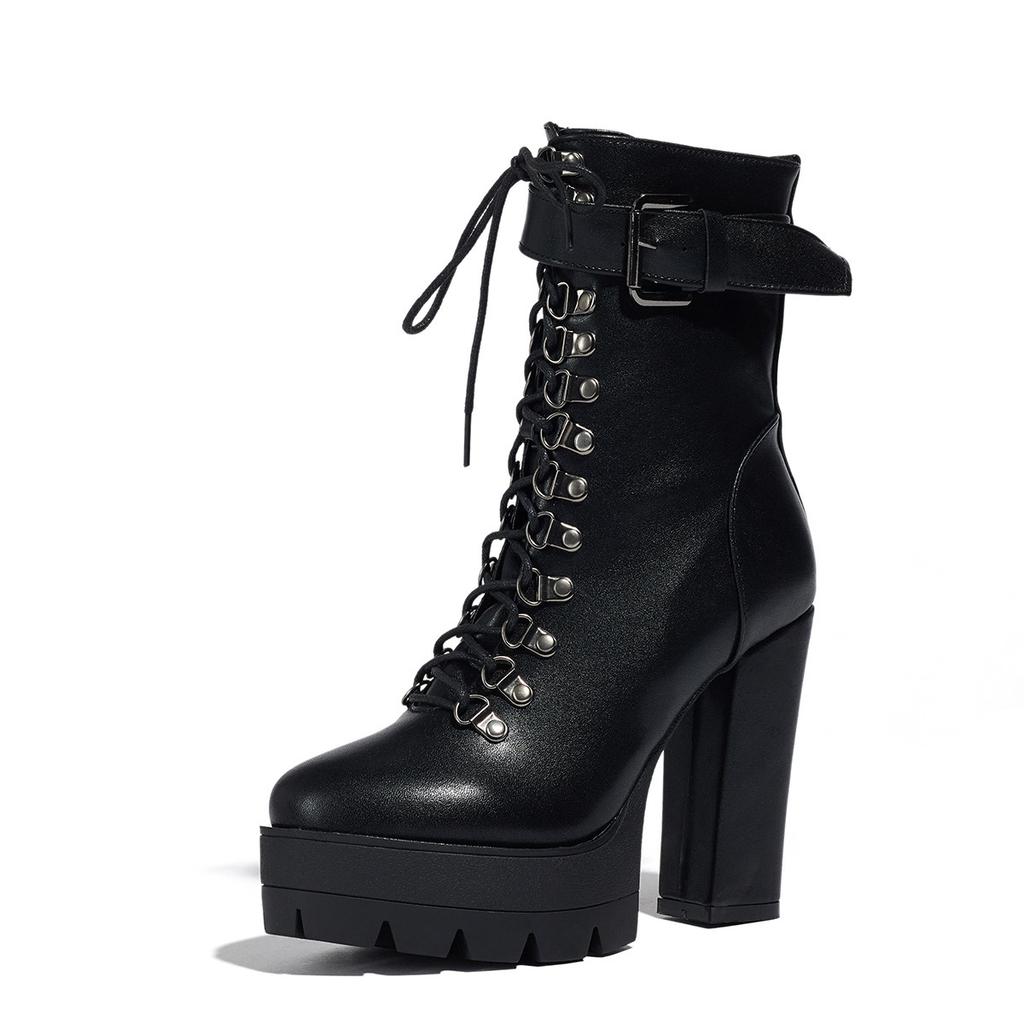 Autumn and winter ebay supply fashion thick-soled high-heeled large-size front lace-up low-tube Martin boots women