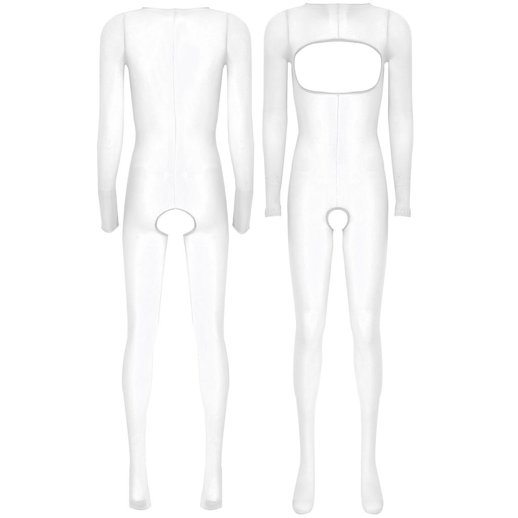 Womens Glossy See Through Long Sleeve Open Breast Crotchless Bodystocking