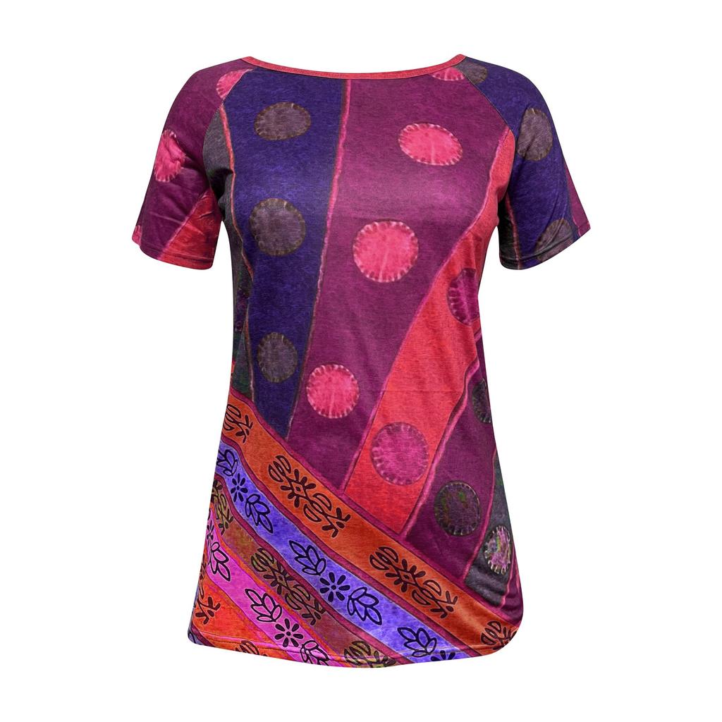 Women's Fashion Retro Round Neck Casual Digital Printing Short Sleeved T-Shirt Top