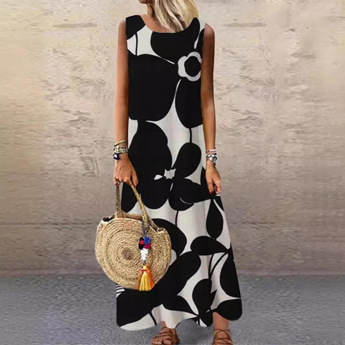

Women s European American Style Print Crew Neck Sleeveless Midi Dress Casual Summer Dress for Foreign Trade Crossbody XL