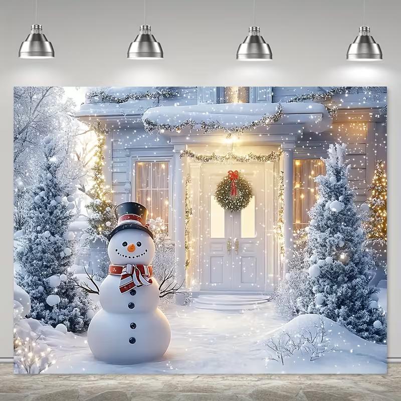 2D Christmas Winter Backdrop Snowman Snowy House Holiday Photography Background 47.2x31.5inch/120*80cm