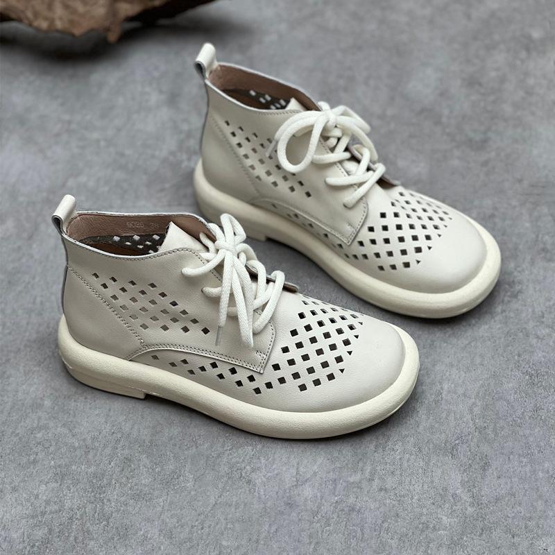 Johnature Yaz Sandalet Hakiki Deri Retro Nefes Hollow-out Çizmeler Yuvarlak Ayak Bağcıklı El Yapımı Kadın Ayakkabı