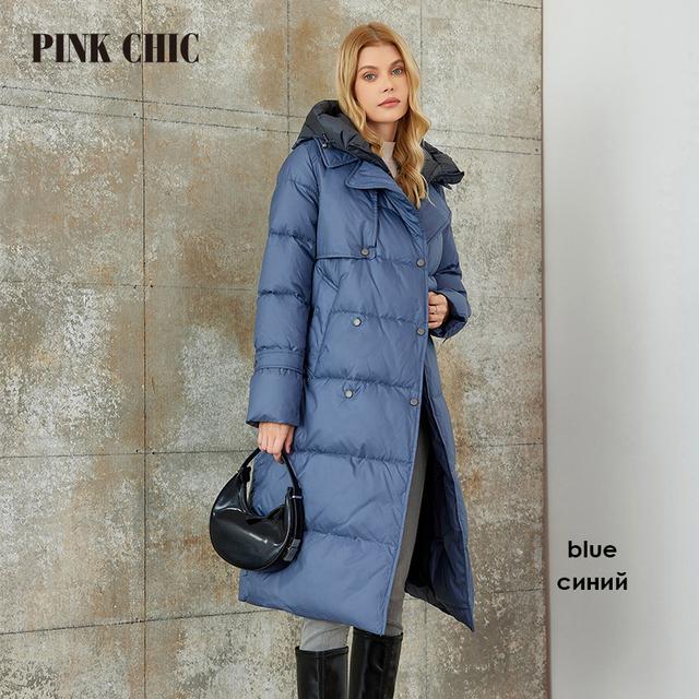 

PINK CHIC 2023 зимнее пальто женские пуховики модные классические теплые длинные женские куртки с капюшоном искусственная парка из двух предметов одежды женская W8265 XXL синий