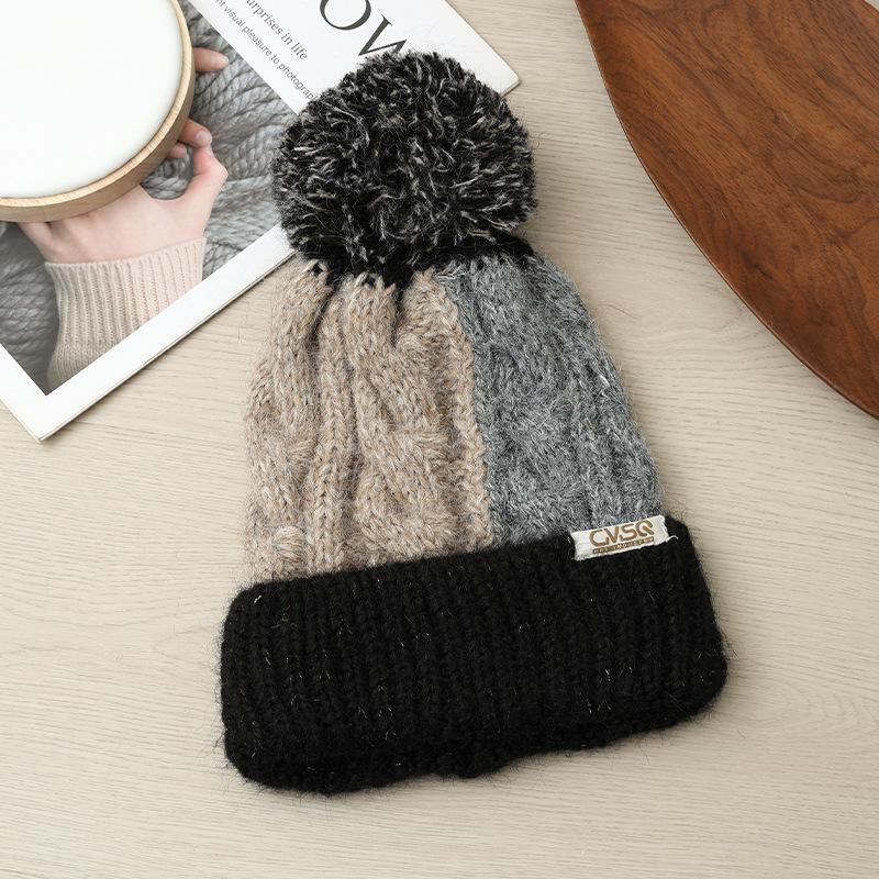 Korean Version of All match Color blocking Plaid Wool Hat Cute Fur Ball Plus Velvet Warm Hat Autumn and Winter Outdoor Leisure Cold Hat New