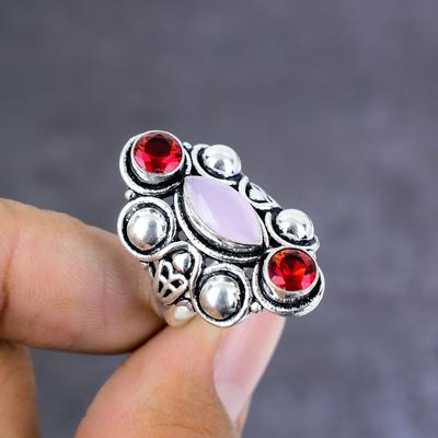 Natural Pink Chalcedony,Garnet Gemstone 925 Sterling Silver Gift Ring S.7 s4R78