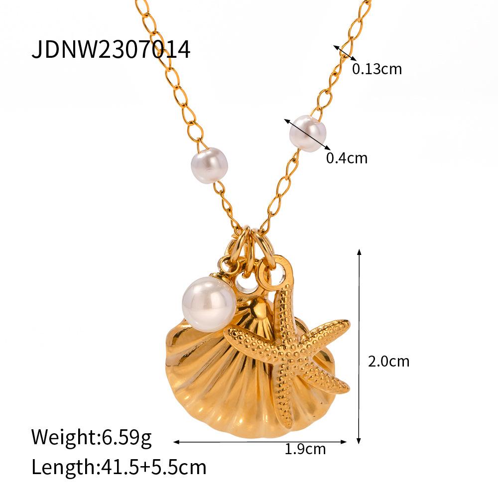 New Style Jewelry Ocean Series 18K Gold Plated Stainless Steel Pearl Starfish Seashell Pendant Necklace for Girls 16inches&Ins Style золотой