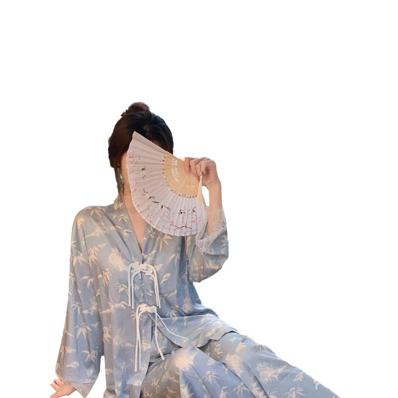 Wind Blue High-End Light Luxury Fairy National Wind Simulation Silk Pajamas Women'S Loungewear Set