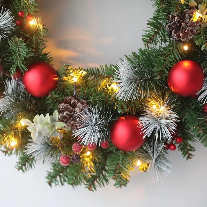 LED Red Christmas Wreath with PVC Fruit, Elegant Holiday Decor for Window Door Wall, Indoor Home Halloween Gift Decoration