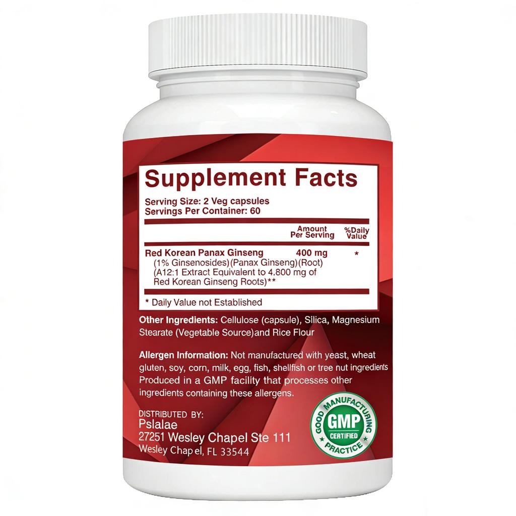 Pslalae RED KOREAN PANAX GINSENG, 120 Vegan Capsules, Muscle Building, Focus and Mood Support, 1% Ginsenosides