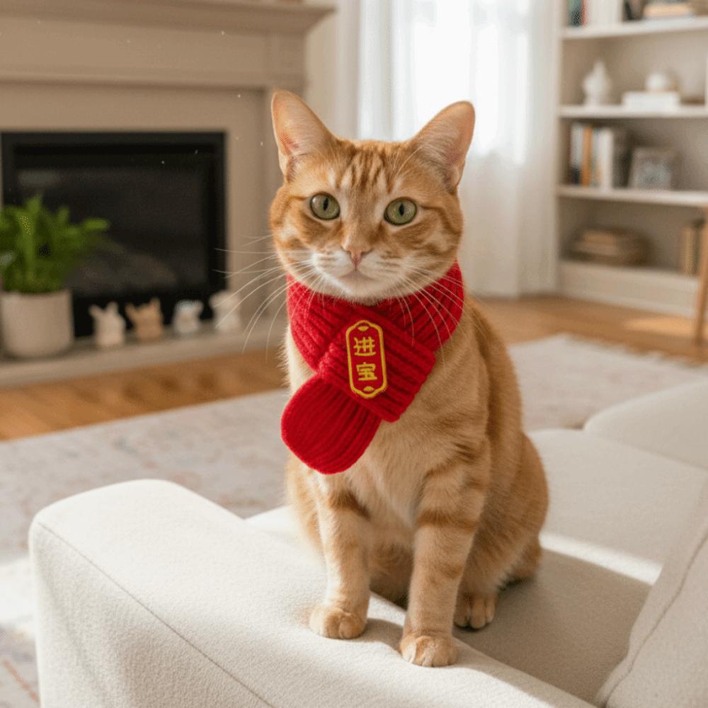 Festive Warm Cat Knitted Scarf Cute Blessing New Year Dog Scarf Red Color Pet Dress Up Costume Holiday Events