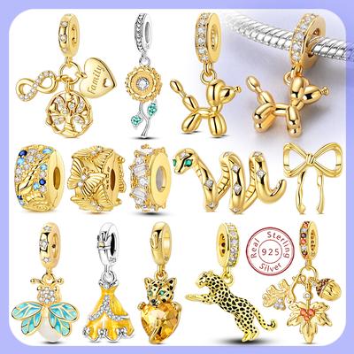Gold Series 925 Silver Charms Beads Pendans Balloon Dog Bow Sunflower Butterfly Charm Fit Bracelet Women's Jewelry Gift