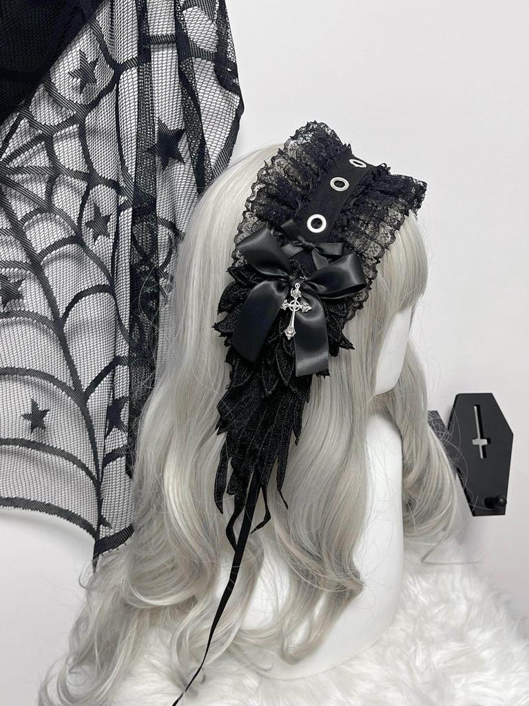 Harajuku Gothic Lolita Cosplay Headwear Sweet Lovely Girl Subculture Wing Angel Lace Flounce Fold Headband Hair Accessories