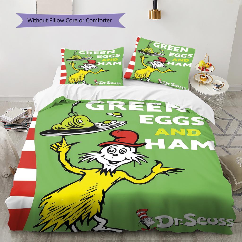 Green Eggs and Ham Pattern Bedding,Quilt Set Quilt Cover Pillowcase Home Birthday Gift (1 * duvet cover + 2 * pillowcase, without core)
